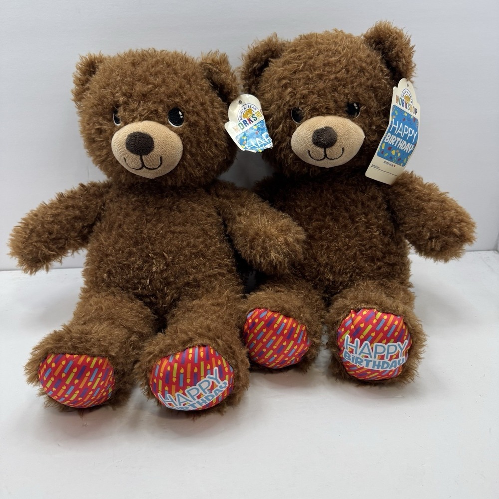 Build A Bear Happy Birthday Teddy Bear Plush 15" Lot Of 2 NWT NWOT Brown